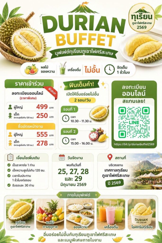 เทศกาลทุเรียนภูเขาไฟศรีสะเกษ ปี 2569 วันที่ 25–29 มิถุนายน 2569 ณ สนามหน้าศาลากลางจังหวัดศรีสะเกษ
