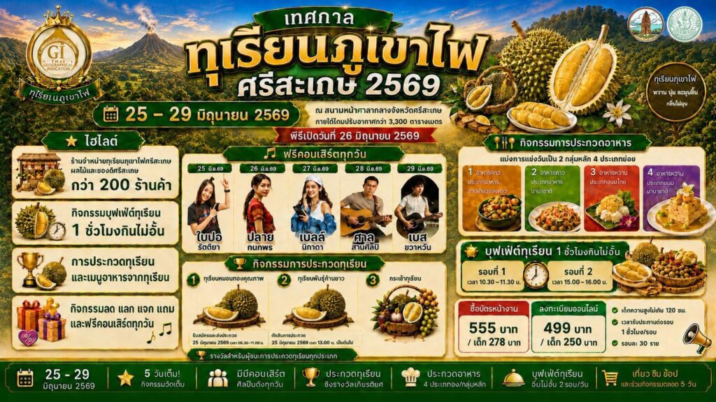 เทศกาลทุเรียนภูเขาไฟศรีสะเกษ ปี 2569 วันที่ 25–29 มิถุนายน 2569 ณ สนามหน้าศาลากลางจังหวัดศรีสะเกษ